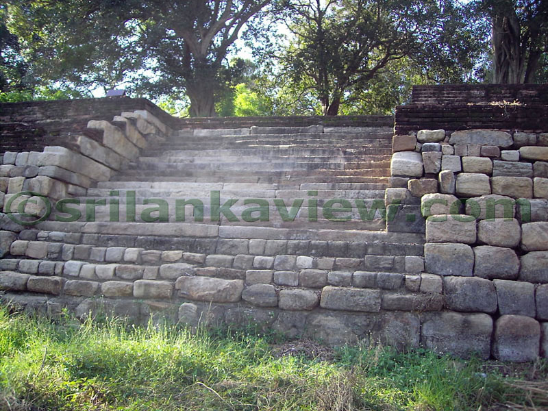 The view of the stone steps seen from the inside of the pond during dry season.
