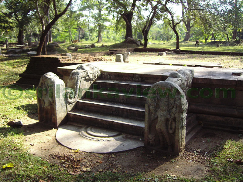 Moonstone and guardstones for an entrance to a Jethavana Monastery building.