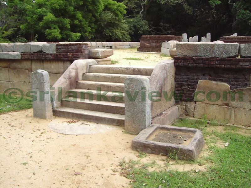 The entrance to the Image House at Hattikuchchi Viharaya. Notice the lack of carvings on the Guard Stones and the Balustrade The raised terrace's length is 84 feet and the width is 58 feet.