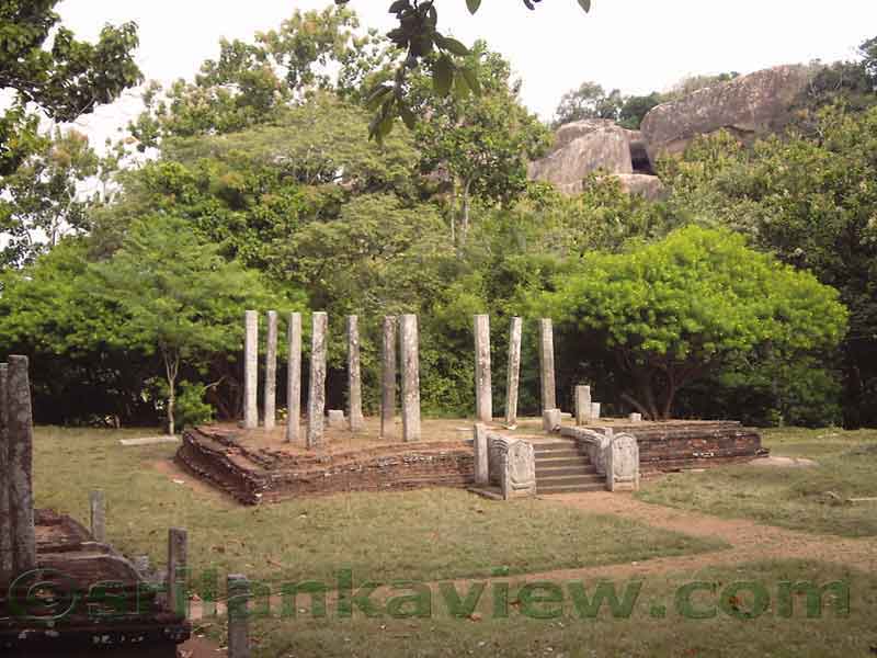 The ruins of the Monastic buildings near the Sinha Pokuna , Mihintale