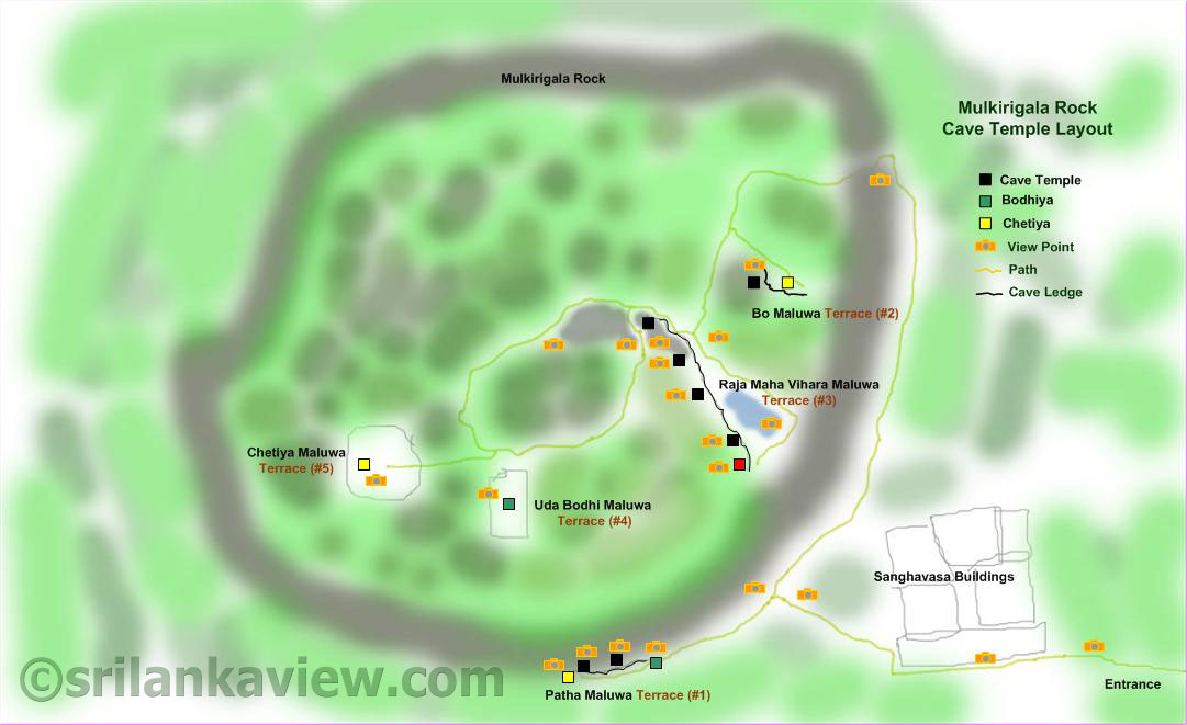 Interactive map of Mulkirigala Rock temple Complex based on a sketched plan. This interactive map  opens up selected viewpoints  with 800 x 600 pixel images