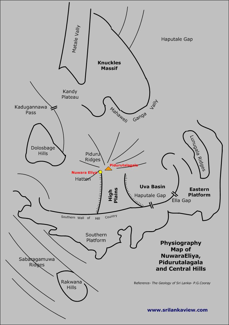 Physiography Map of NuwaraEliya, Pidurutalagala and Centrall hills. Reference- The Geography of Sri Lanka, P.G. Cooray
