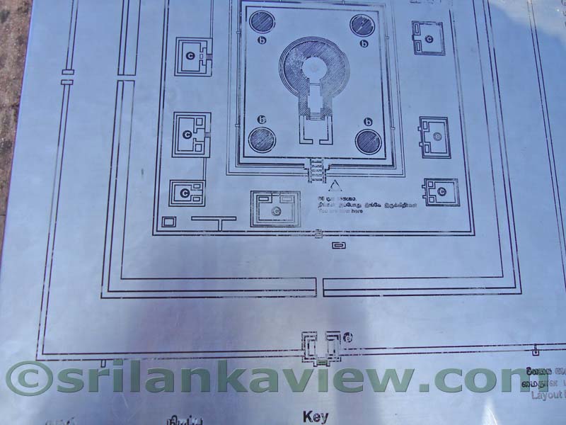 Pothgul Vehera site map showing circular building, four dagebas and other buildings. 