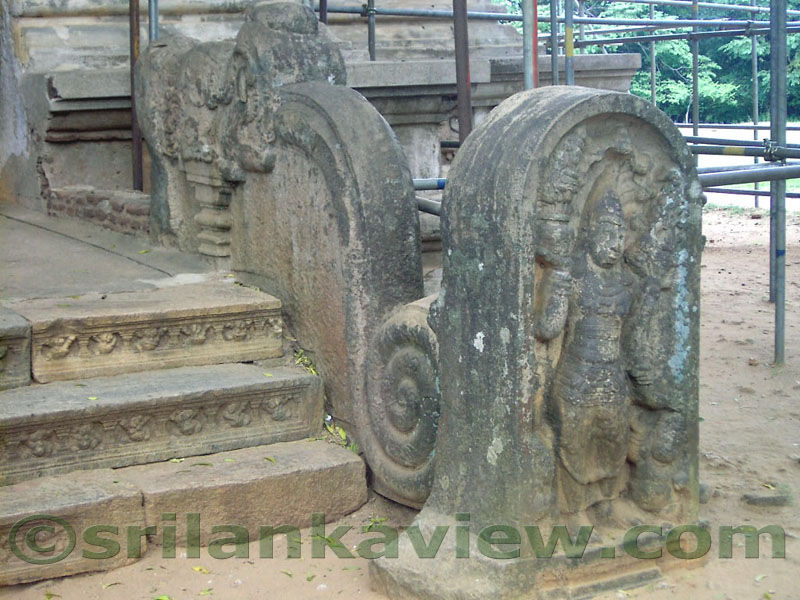 The detailed view of the Carved Door Keeper figures and the Balustrades in Stone at Tivanka Pilimage, Polonnaruwa.