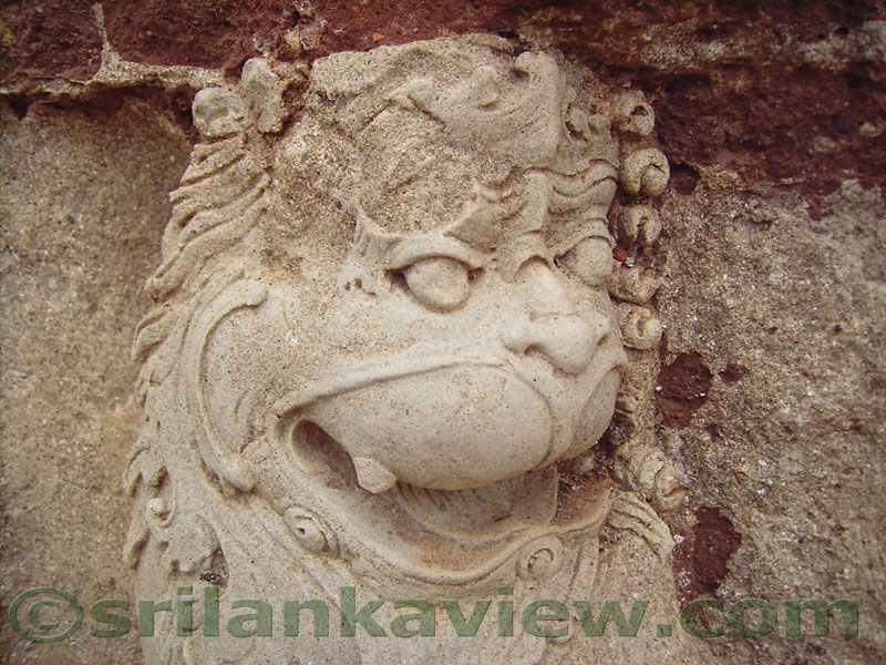 The lion head details of a Lion sculpture at Tivanka Pilimage, Polonnaruwa.