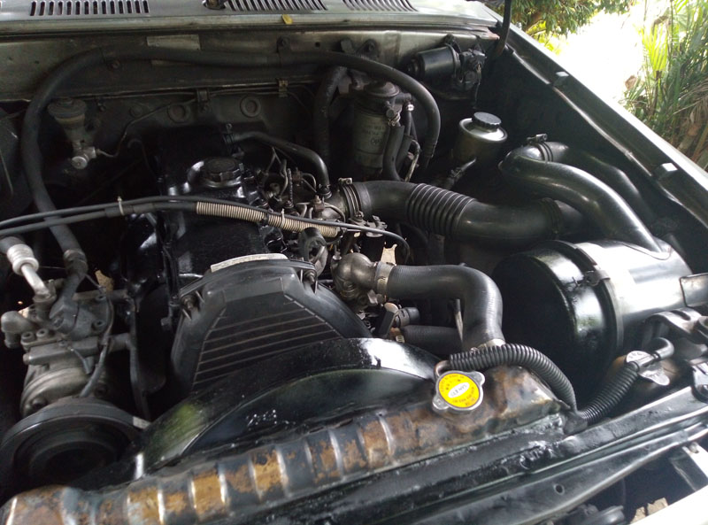 Toyota Hilux LN85 Engine 2L - 2446 cc- Front view showing Radiator Head, T Belt Cover, Brake Pump and Air Filter